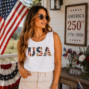 Comfort Colors Tanktop mit patriotischem USA-Flaggenmuster im Patchwork-Look, Tanktop zum 4. Juli, Tanktop mit USA-Flagge und Schleife