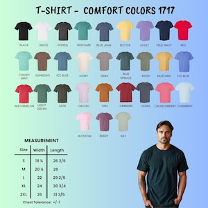 Peut inclure: Diversit&eacute; de t-shirts Comfort Colors en plusieurs couleurs, dont noir, blanc et rouge. L'image comprend un tableau des tailles, de S &agrave; 2XL, avec des largeurs de 46 cm &agrave; 66 cm et des longueurs de 67.5 cm &agrave; 80.3 cm.
