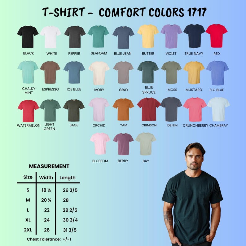 Peut inclure: Diversit&eacute; de t-shirts Comfort Colors en plusieurs couleurs, dont noir, blanc et rouge. L'image comprend un tableau des tailles, de S &agrave; 2XL, avec des largeurs de 46 cm &agrave; 66 cm et des longueurs de 67.5 cm &agrave; 80.3 cm.