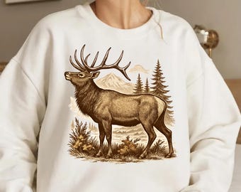 Retro Elk Sweatshirt, Nineties Vintage Elk Nature Hoodie, Boho Unisex Crewneck Sweater, Sweatshirt for Camping, Deer Elk Nature Fall Hunting