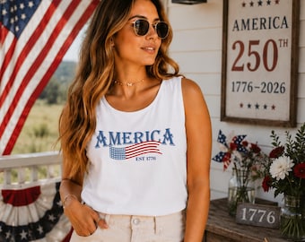 Comfort Colors® America EST 1776 Flaggen-Tanktop, Shirt zum 4. Juli, Memorial Day, Patriotischer Unabhängigkeitstag, USA 250. Jahrestag (Rot, Weiß, Blau)