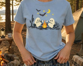 Ghosts Camping Baby Tee, Spooky Season Halloween Outdoors Gifts, Cute Halloween Vintage T-shirt, Ghost Marshmallow Shirt, Gift for Her