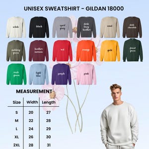 May include: A selection of Gildan 18000 unisex sweatshirts in various colors, including white, black, and red. The image also displays a size chart with measurements in inches: width from 20 to 28 inches, and length from 27 to 31 inches.