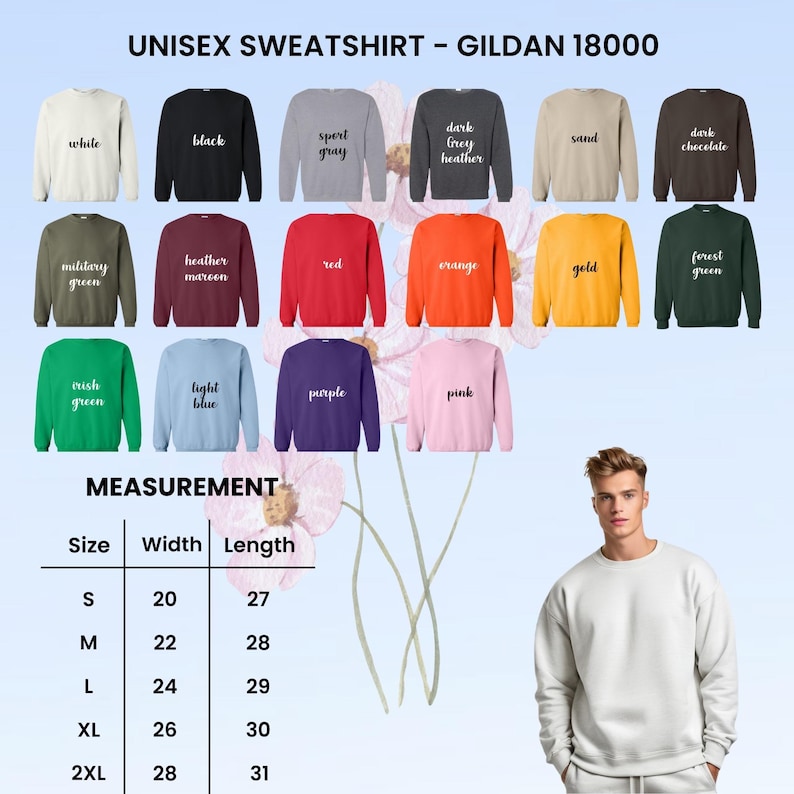 May include: A selection of Gildan 18000 unisex sweatshirts in various colors, including white, black, and red. The image also displays a size chart with measurements in inches: width from 20 to 28 inches, and length from 27 to 31 inches.