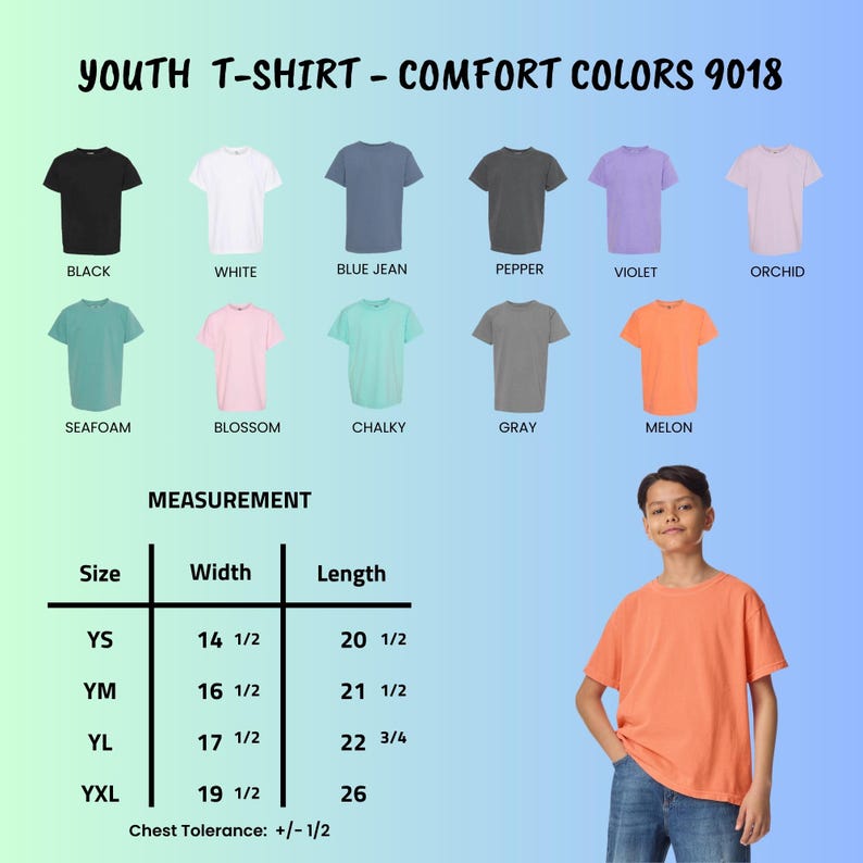 Peut inclure: Un t-shirt pour jeunes de couleur orange est pr&eacute;sent&eacute;, avec un nuancier et un guide des tailles. Le nuancier comprend des couleurs comme le noir, le blanc, bleu jean, poivre, violet, orchid&eacute;e, vert d'eau, fleur, craie et gris. Les mesures sont en cm.