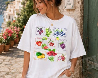 Comfort Colors® Summer Fruit Stamp Shirt, Vintage Fruit Shirt, Aesthetic Summer Tee, Trendy Farmer's Market Gardening Gift, Gift for Her