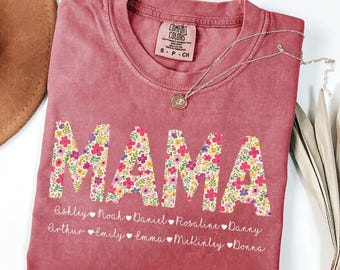 Comfort Colors® Personalized Mama Shirt, Floral Mama T-Shirt with Kids Names, Mother's Day Shirt, Xmas Gift for Mommy, Christmas Gift