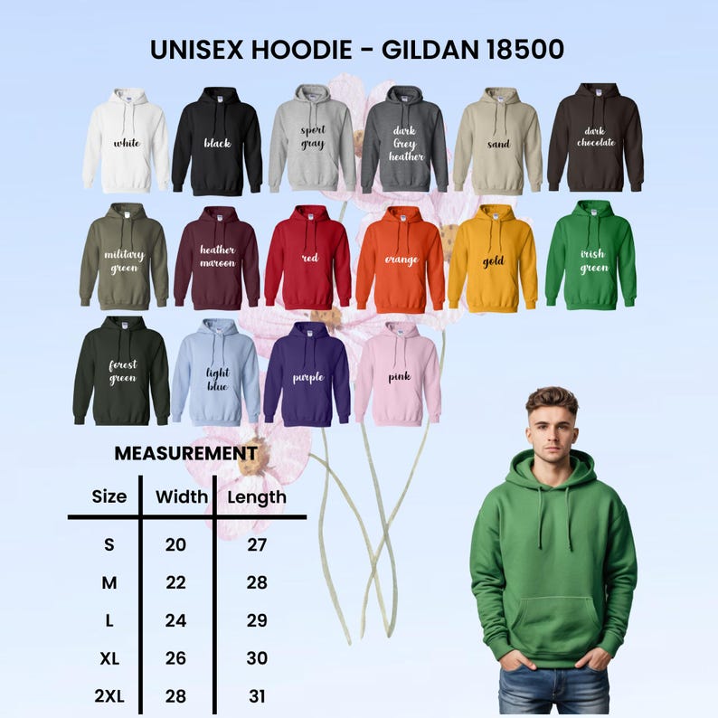 May include: A display of Gildan 18500 unisex hoodies in various colors, including white, black, and pink. A measurement chart shows sizes S to 2XL with width and length in inches. A person models a green hoodie.
