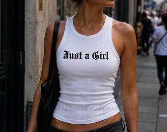 Just a Girl Racer Tank Top, Just a Girl Racer Shirt, Girl Baby Tee, Vintage Inspired Shirt, 90s Aesthetic Racer Crop Top