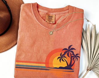 Comfort Colors® Retro Tropical Island T-shirt, Vintage Sunset Summer Shirt, Colorful Palm Tree Outfit, Beach Tee, Summer Vacation Tee Gifts