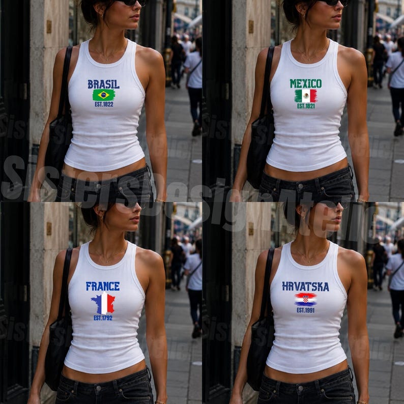 May include: A white ribbed tank top featuring four variations of country-themed graphics. Each design includes the country name in blue or green, a flag or map illustration, and an establishment year printed in a distressed, brush-stroke style.