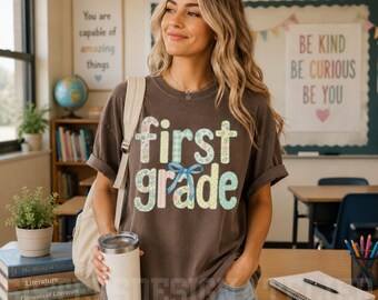 Comfort Colors® First Grade Teacher Shirt, Back to School 1st Grade Tee, Teacher Appreciation Gift, Cute Elementary School, Coquette Bow