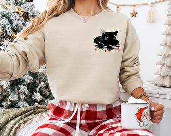 Schwarzes Katzen-Sweatshirt, Lustiges Katzen-Sweatshirt, Geschenk für Katzenbesitzer, Weihnachts-Sweatshirt für Katzenmama, Sweatshirt für Katzenliebhaber, Kapuzenpullover mit Katze, die hervorlugt