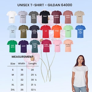 May include: A variety of Gildan 64000 unisex t-shirts in various colors, including white, black, and red. The image displays a size chart with measurements in inches. The shirts are arranged with the color names displayed above each shirt.
