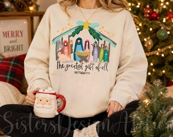 Bow Nativity Coquette Sweatshirt, The Greatest Gift of All, Nativity Christian Christmas Shirt, Religious Christmas Hoodie, Christmas Gift