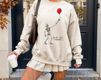 Zabawna bluza z balonem i szkieletem, koszulka z napisem „No cóż, cholera!”, gotycka bluza z kapturem na Halloween, koszulka z grafiką w czarnym humorze, upiorny prezent
