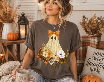 Comfort Colors® Halloween Flower Ghost Butterfly Shirt Spooky Season Shirt Cute Girly Ghost Bow T-shirt Lacey Ghost Tee Spooky Season Outfit