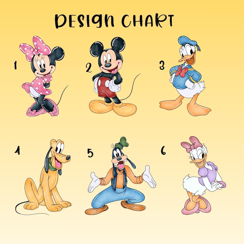 Peut inclure: Un tableau de conception pr&eacute;sentant six personnages de dessins anim&eacute;s : Minnie Mouse, Mickey Mouse, Donald Duck, Pluto, Dingo et Daisy Duck. Les personnages sont num&eacute;rot&eacute;s sur un fond jaune. Le texte "DESIGN CHART" est en haut.
