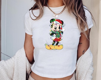Retro Mickey and Friends Disney Baby Tee, Classic Mickey and Friends Xmas Light Baby Tee, Y2k 90s Style Mickey and Minnie Tee,Christmas Gift