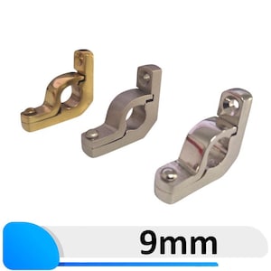 May include: Three metal pipe clamps in gold, silver, and stainless steel. Each clamp has a curved design with a circular opening and a flat base with a screw. The text "9mm" is displayed at the bottom of the image.