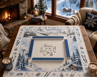 Tapete de Mahjong de Esquí de Lujo, Funda para Mesa de Mahjong de Montaña Nevada de Invierno, Tapete de Juego de Neopreno de 3 mm, Regalo para Noche de Juegos en una Acogedora Cabaña