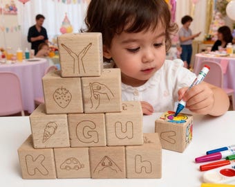 Colorea tus propios bloques de madera ABC, juguete de madera de haya, actividad para baby shower, juguete de aprendizaje Montessori, decoración para fiesta de primer cumpleaños.