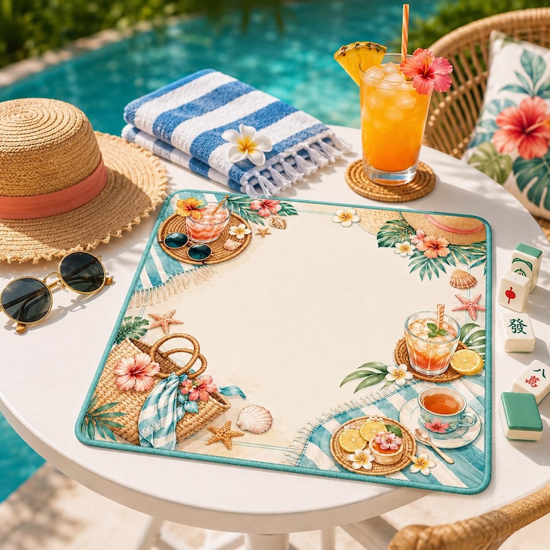 Puede incluir: Un mantel individual con tem&aacute;tica playera con un sombrero de paja, gafas de sol y un bolso de playa. Una toalla a rayas azules y blancas, una bebida tropical y una taza de t&eacute; tambi&eacute;n est&aacute;n sobre la mesa. El mantel individual tiene un fondo beige claro.