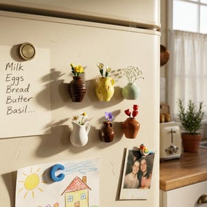 Op de afbeelding: Een verzameling kleine, decoratieve vazen in verschillende kleuren en vormen, elk met een paar bloemen. De vazen zijn bevestigd aan een koelkastdeur, samen met een boodschappenlijst en een tekening van een huis.
