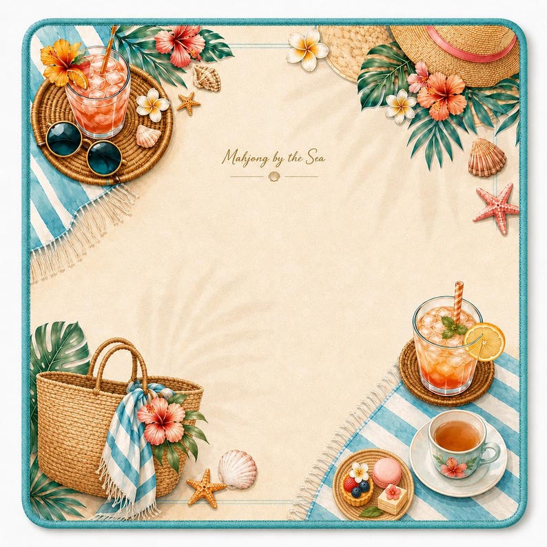 Puede incluir: Ilustraci&oacute;n con tem&aacute;tica de playa con el texto "Mahjong by the Sea". La imagen presenta un sombrero de paja, un bolso de mano tejido, bebidas y postres. Flores tropicales, conchas marinas y una toalla a rayas azules y blancas completan la escena.
