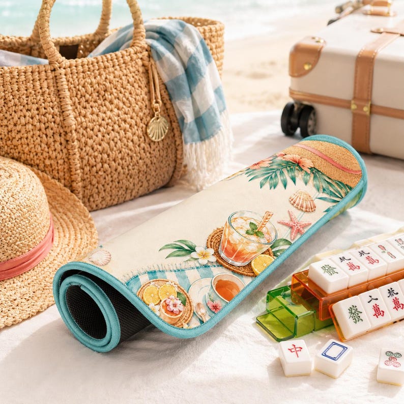 Puede incluir: Esterilla de yoga enrollada con borde azul claro, con ilustraciones de un c&oacute;ctel, conchas marinas y un sombrero de paja. Tambi&eacute;n se ven un bolso de mano tejido, un sombrero de paja y fichas de Mahjong.