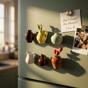 May include: A collection of ceramic miniature vases in various shapes and colors, some holding small artificial flowers. The vases are attached to a refrigerator door, alongside a note that reads "Don't forget the flowers! Love, A." and a photograph.