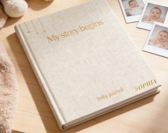 Libro de recuerdos personalizado para el primer año del bebé, diario personalizado con nombre, regalo para baby shower, regalo para mamá primeriza, álbum de recuerdos de lino para el bebé