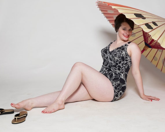 Vintage 1960s Swimsuit - Black & White Floral Pin