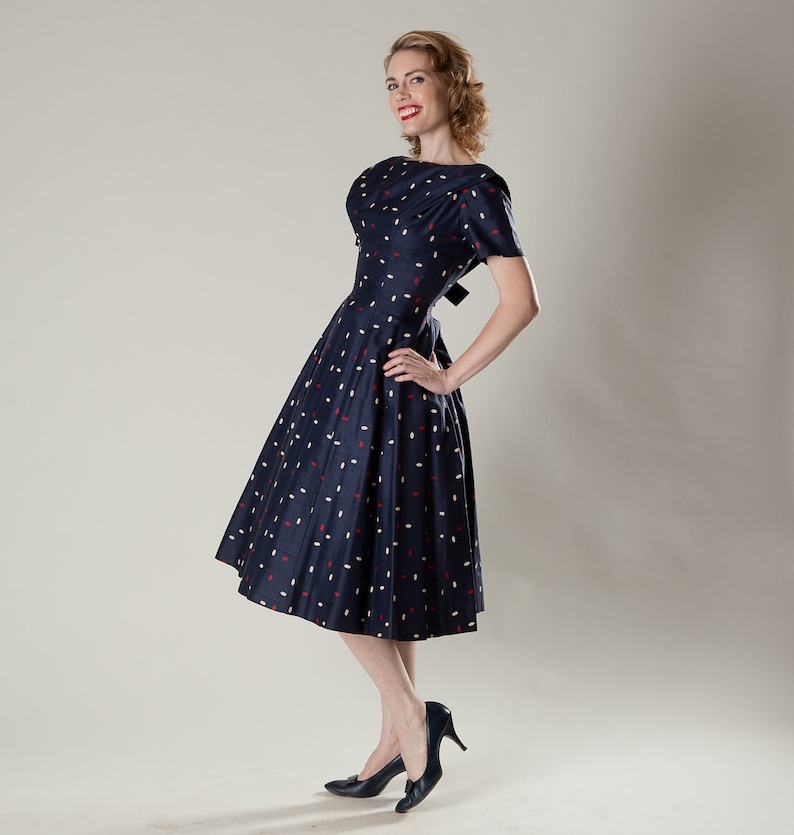 Vintage 1950s Dress Silk Sailor Collar Bow Navy Blue Jane Etsy