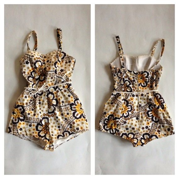 Vintage 1960s Swimsuit Cotton Romper - Floral Pin