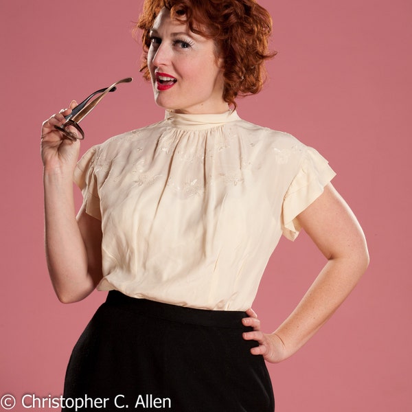 Vintage 1950s Cream Silk Blouse Embroidered Size 38 Bust Summer Fashions