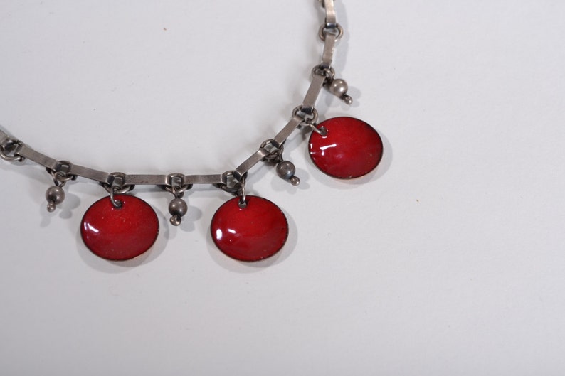 Vintage 1930s Sterling Enamel Necklace Holiday Fashions Red Copper