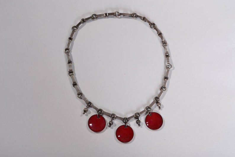 Vintage 1930s Sterling Enamel Necklace Holiday Fashions Red Copper