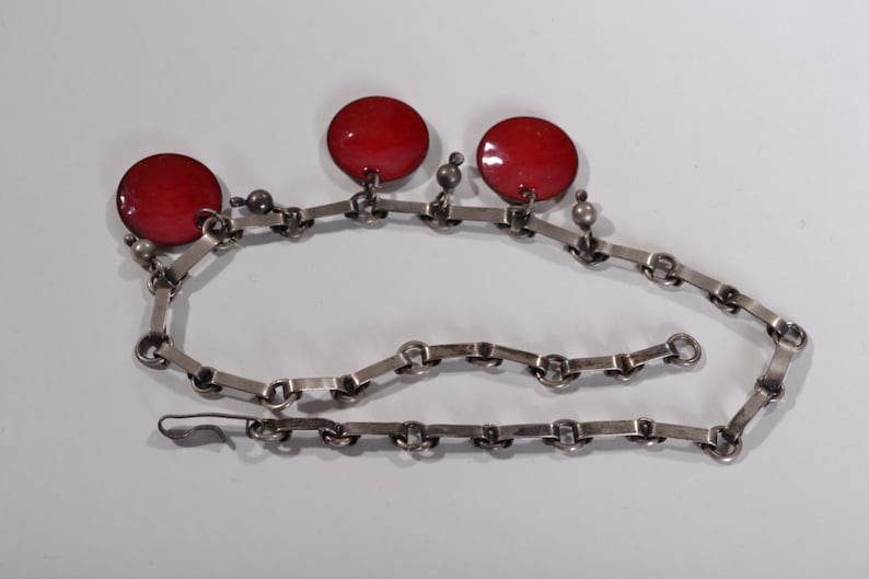 Vintage 1930s Sterling Enamel Necklace Holiday Fashions Red Copper