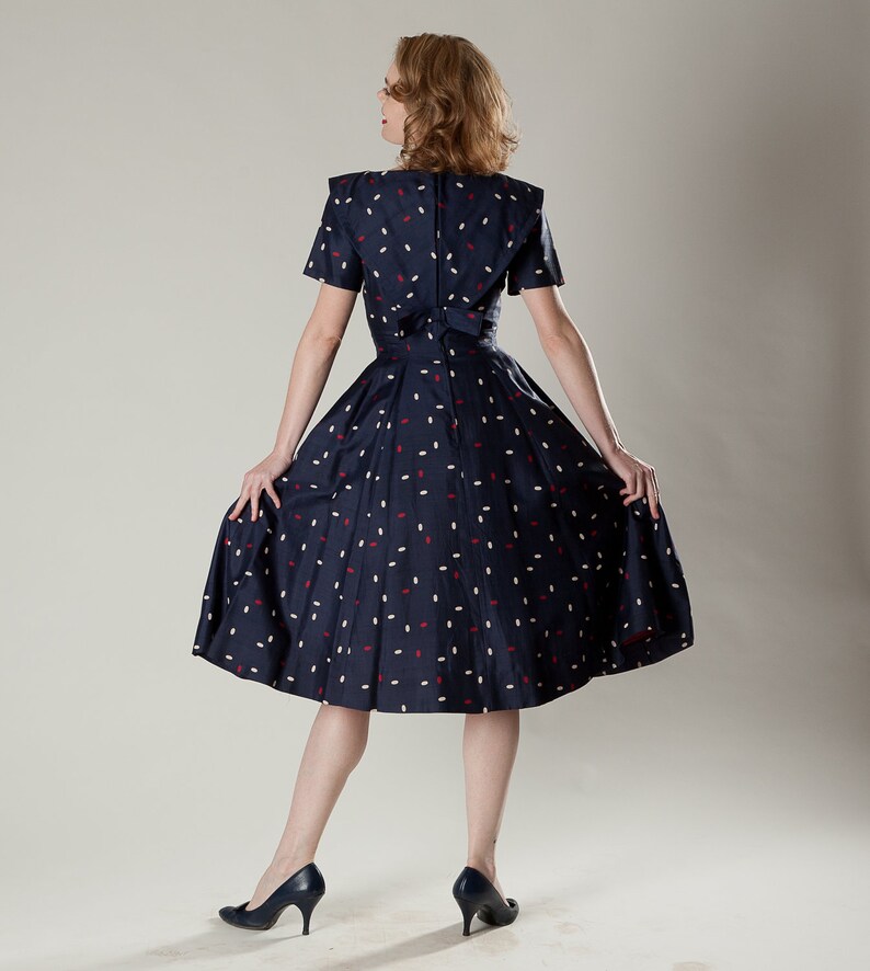 Vintage 1950s Dress Silk Sailor Collar Bow Navy Blue Jane Etsy