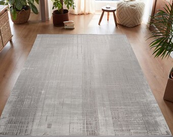 Modern Light Grey Viscose Rug High Density Silver Abstract Textured Carpet Living Room Decor