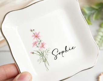 誕生花のリングディッシュ：水彩画の陶器製ジュエリーホルダー