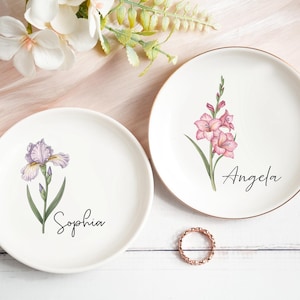 Personalized Birth Flower Jewelry Dish,Wedding Bridesmaid Gift,Best Friend Flower Ring Dish,Birthday Gift For Bestie,Gift For Her/Mom/Women