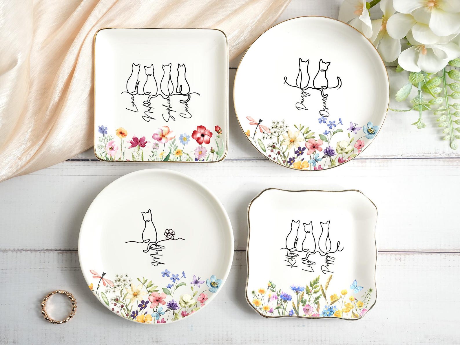 Personalized Cat Floral Jewelry Dish