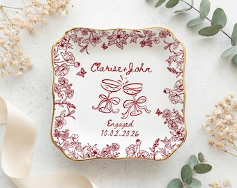 Personalized Engagement Ring Dish, Custom Couple Name Trinket Dish, Floral Wedding Ring Holder, Bridal Shower Gift, Keepsake Plate