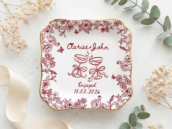 Personalized Engagement Ring Dish, Custom Couple Name Trinket Dish, Floral Wedding Ring Holder, Bridal Shower Gift, Keepsake Plate