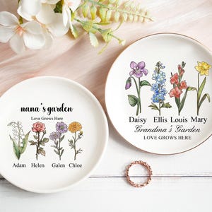 Personalized Birth Flower Ring Dish: Nana&#39;s Garden Ceramic Jewelry Tray