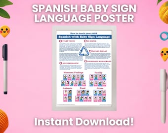 Teach Your Child Bilingual American Spanish Baby Sign Language ASL Poster with Flash Cards Manners Feelings Family Animals Food and General