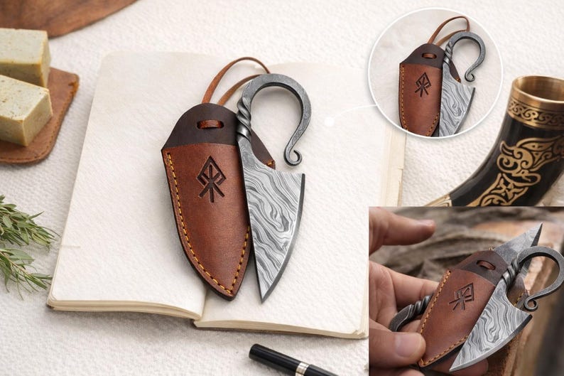 Hand-Forged Celtic Knife | Carbon Steel Blade with Leather Sheath | Medieval Damascus Steel Hunting Knife | Gift for Men