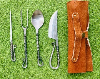 Handmade Spoon Set | Medieval Cutlery Set Iron Spoon Fork Knife Hand Forged Viking Utensils with Leather Sheath | Gift For Him